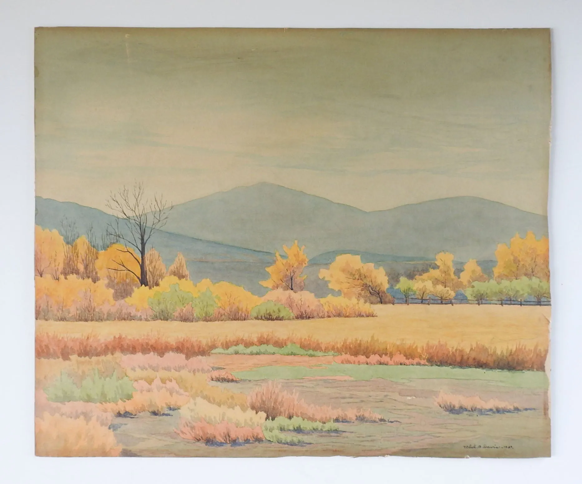 1929 California Fall Farm Landscape Watercolor Painting by Ethel Davis
