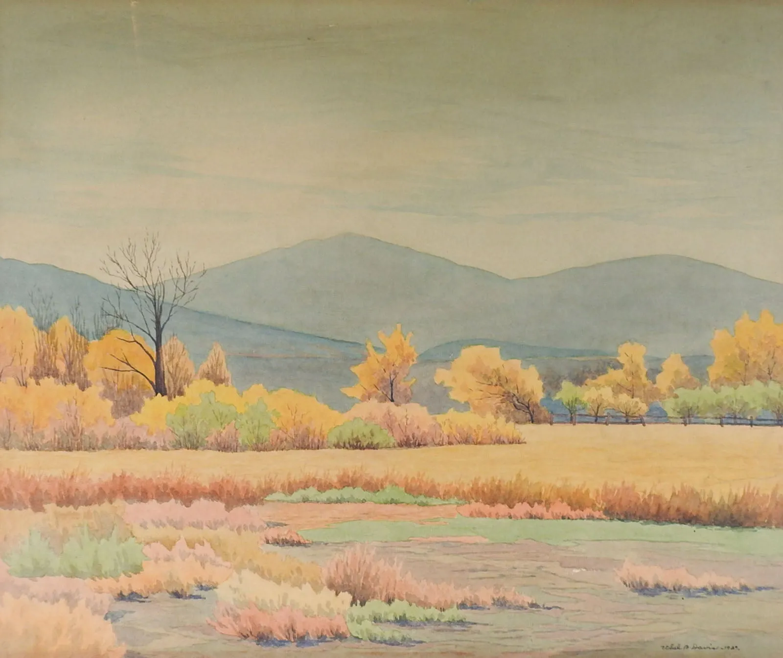 1929 California Fall Farm Landscape Watercolor Painting by Ethel Davis