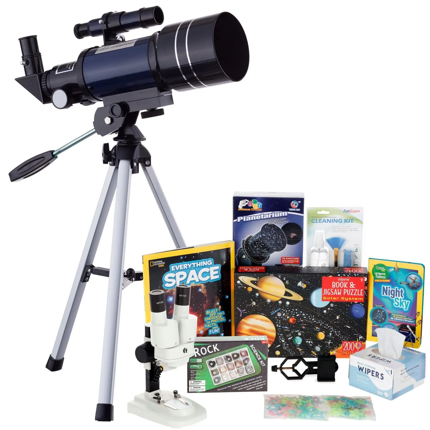 AmScope Kid's Telescope Beginner Astronomer Series featuring 15-150X 300x70mm Compact Telescope, Space-Themed Activity Kit, and more