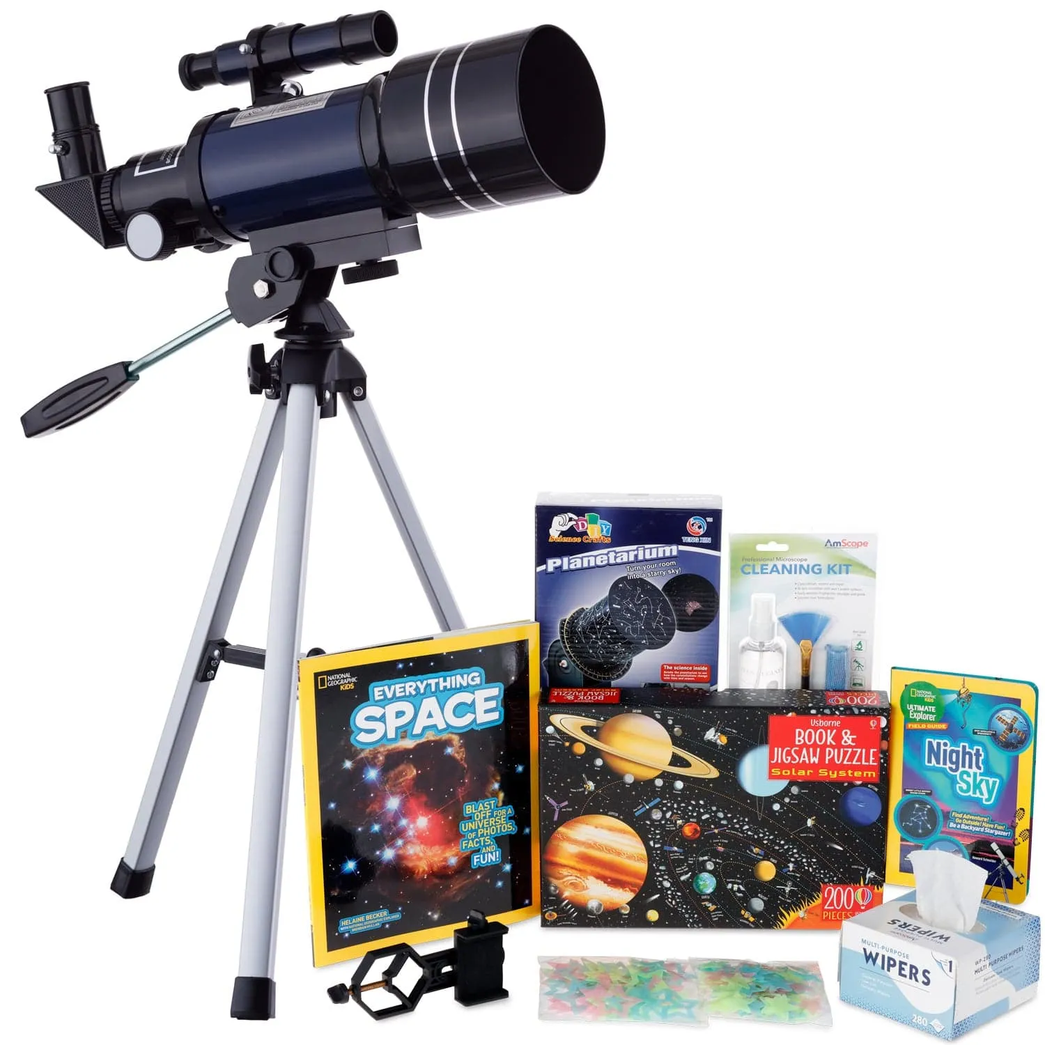AmScope Kid's Telescope Beginner Astronomer Series featuring 15-150X 300x70mm Compact Telescope, Space-Themed Activity Kit, and more