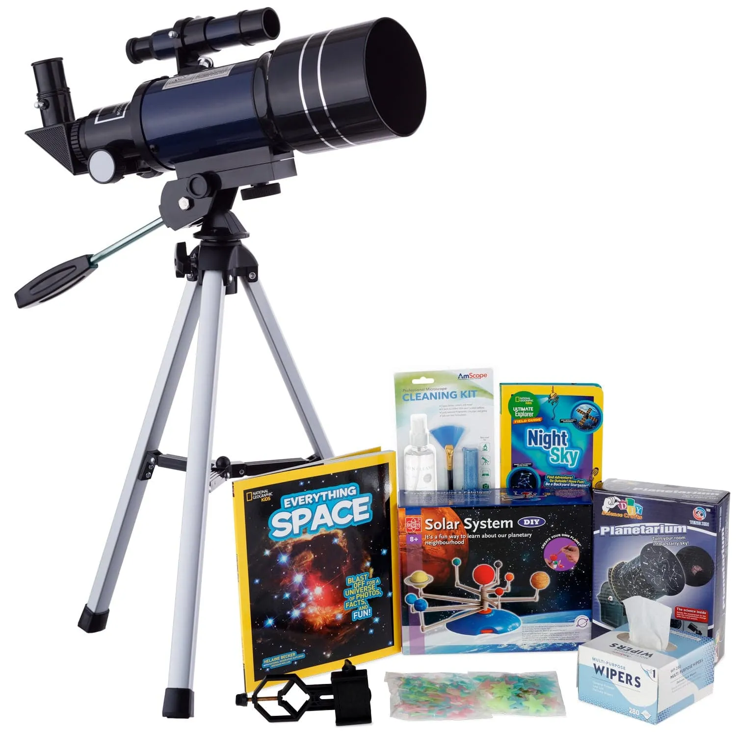 AmScope Kid's Telescope Beginner Astronomer Series featuring 15-150X 300x70mm Compact Telescope, Space-Themed Activity Kit, and more