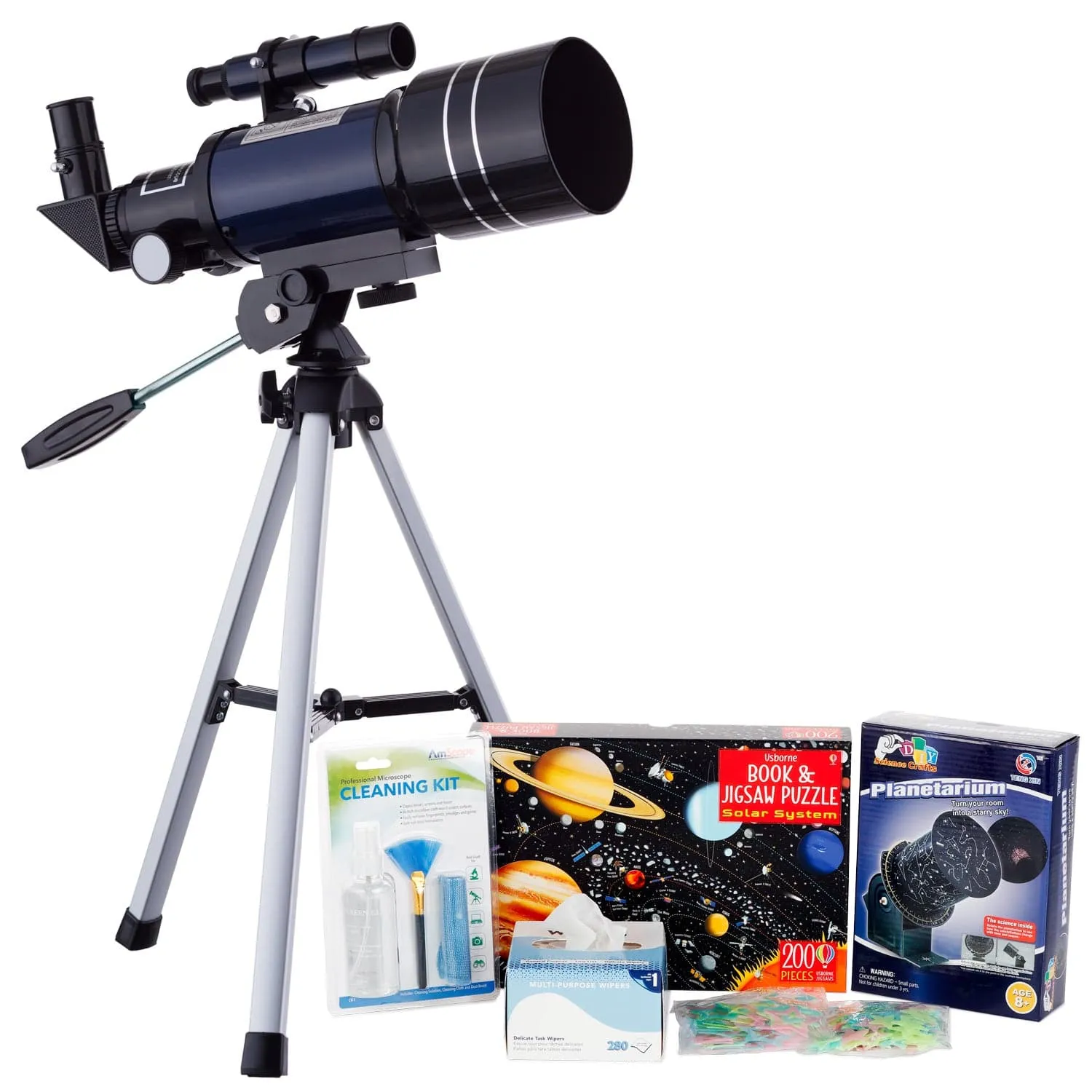 AmScope Kid's Telescope Beginner Astronomer Series featuring 15-150X 300x70mm Compact Telescope, Space-Themed Activity Kit, and more