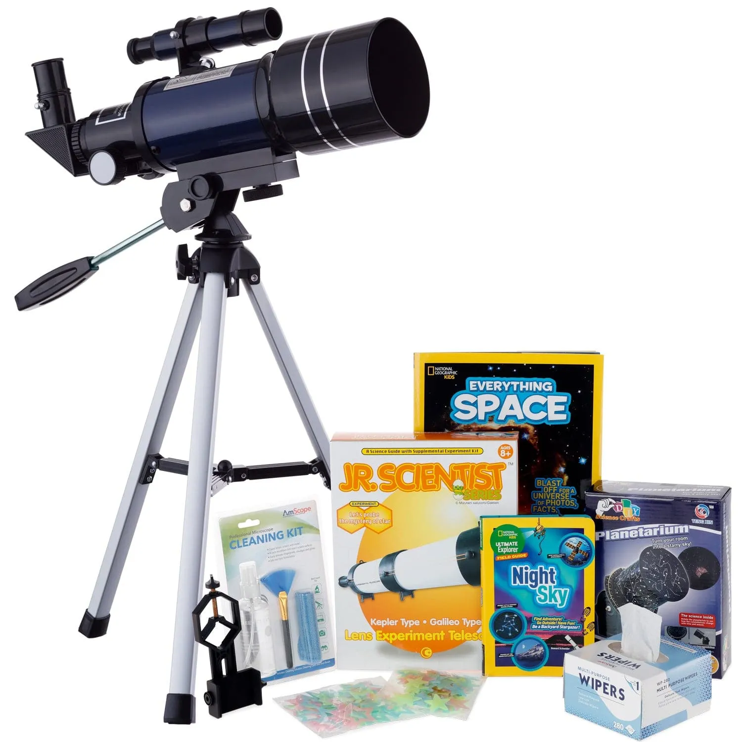 AmScope Kid's Telescope Beginner Astronomer Series featuring 15-150X 300x70mm Compact Telescope, Space-Themed Activity Kit, and more