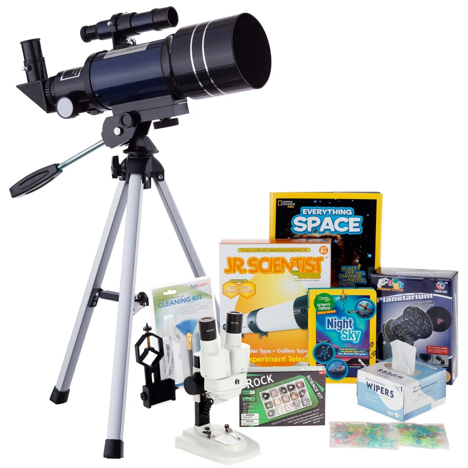 AmScope Kid's Telescope Beginner Astronomer Series featuring 15-150X 300x70mm Compact Telescope, Space-Themed Activity Kit, and more