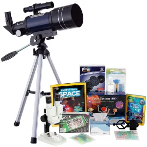 AmScope Kid's Telescope Beginner Astronomer Series featuring 15-150X 300x70mm Compact Telescope, Space-Themed Activity Kit, and more