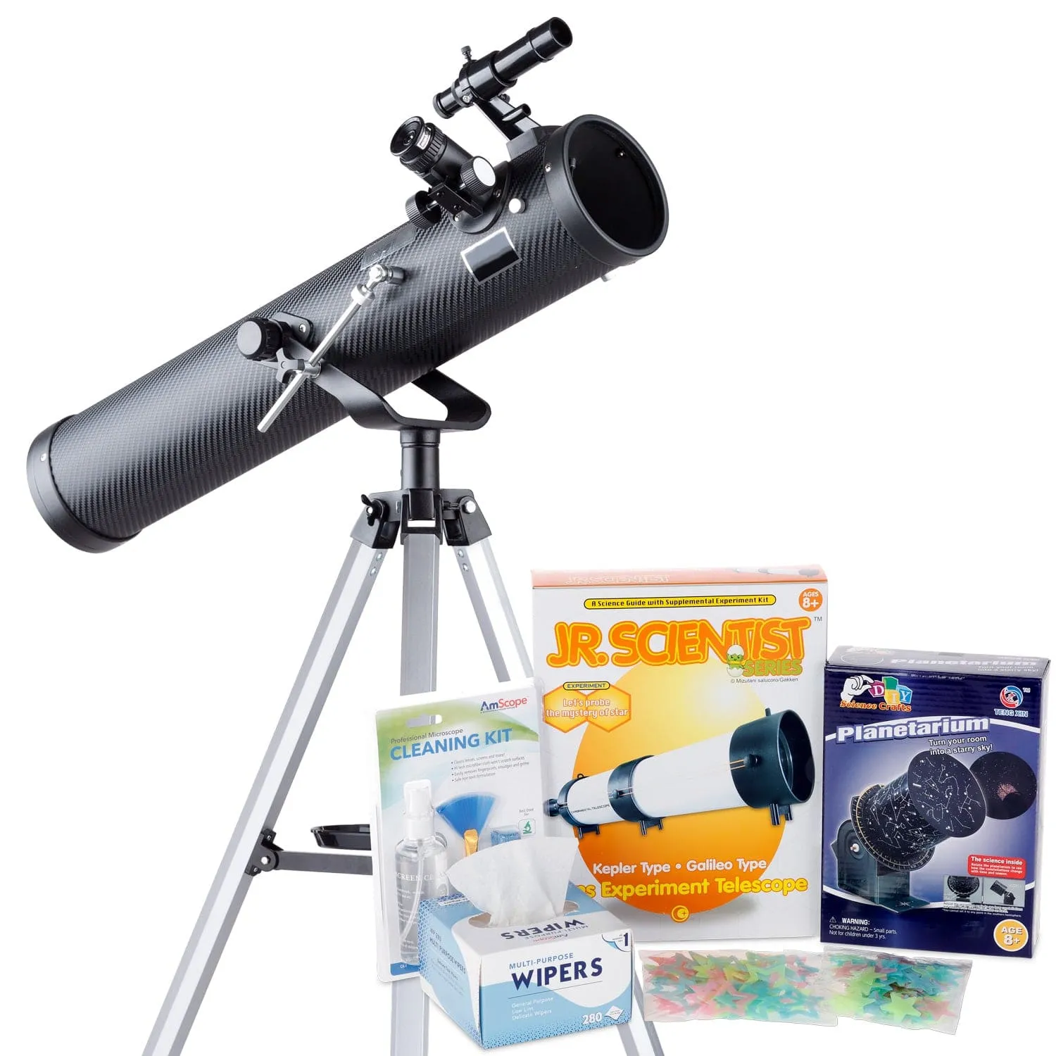AmScope Kid's Telescope Beginner Astronomer Series featuring 35X-350X 76mm Reflector Telescope, Space-Themed Activity Kit, and more