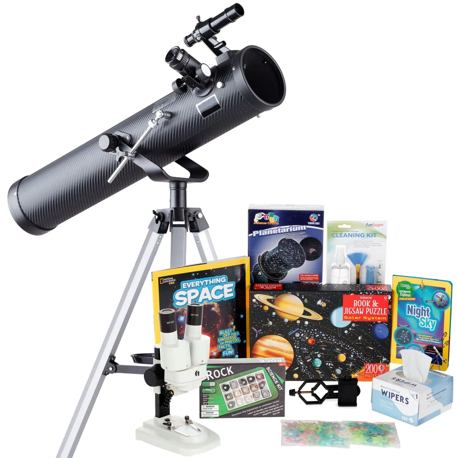 AmScope Kid's Telescope Beginner Astronomer Series featuring 35X-350X 76mm Reflector Telescope, Space-Themed Activity Kit, and more