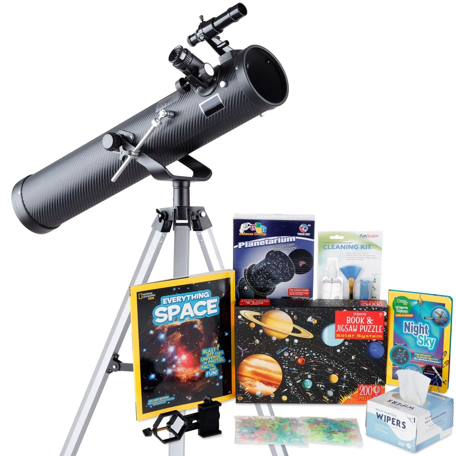 AmScope Kid's Telescope Beginner Astronomer Series featuring 35X-350X 76mm Reflector Telescope, Space-Themed Activity Kit, and more