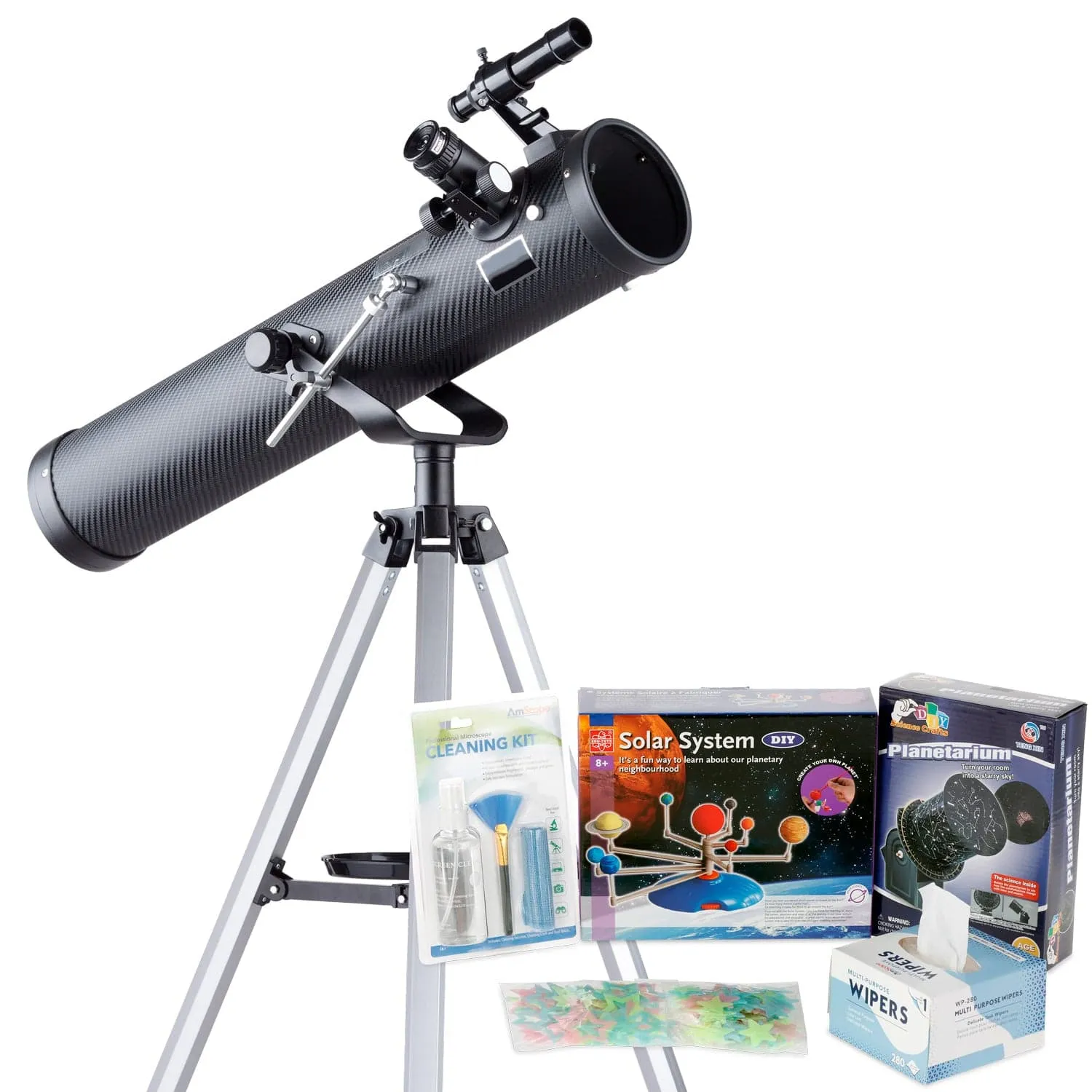 AmScope Kid's Telescope Beginner Astronomer Series featuring 35X-350X 76mm Reflector Telescope, Space-Themed Activity Kit, and more