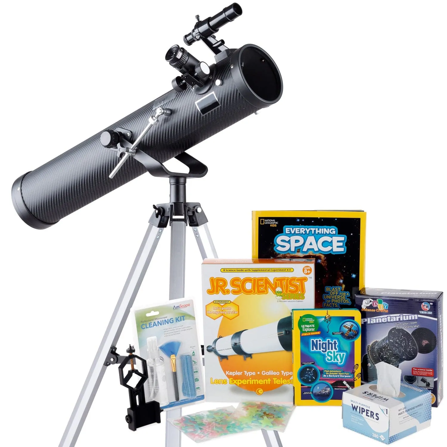 AmScope Kid's Telescope Beginner Astronomer Series featuring 35X-350X 76mm Reflector Telescope, Space-Themed Activity Kit, and more