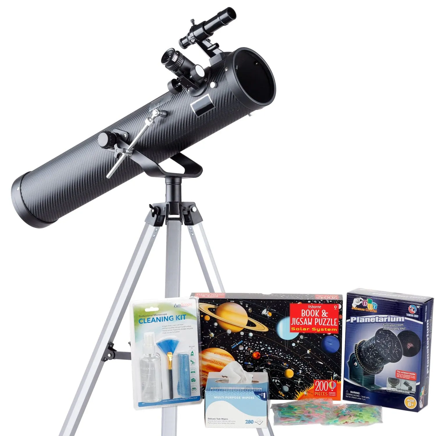 AmScope Kid's Telescope Beginner Astronomer Series featuring 35X-350X 76mm Reflector Telescope, Space-Themed Activity Kit, and more
