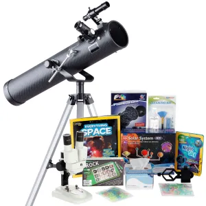 AmScope Kid's Telescope Beginner Astronomer Series featuring 35X-350X 76mm Reflector Telescope, Space-Themed Activity Kit, and more