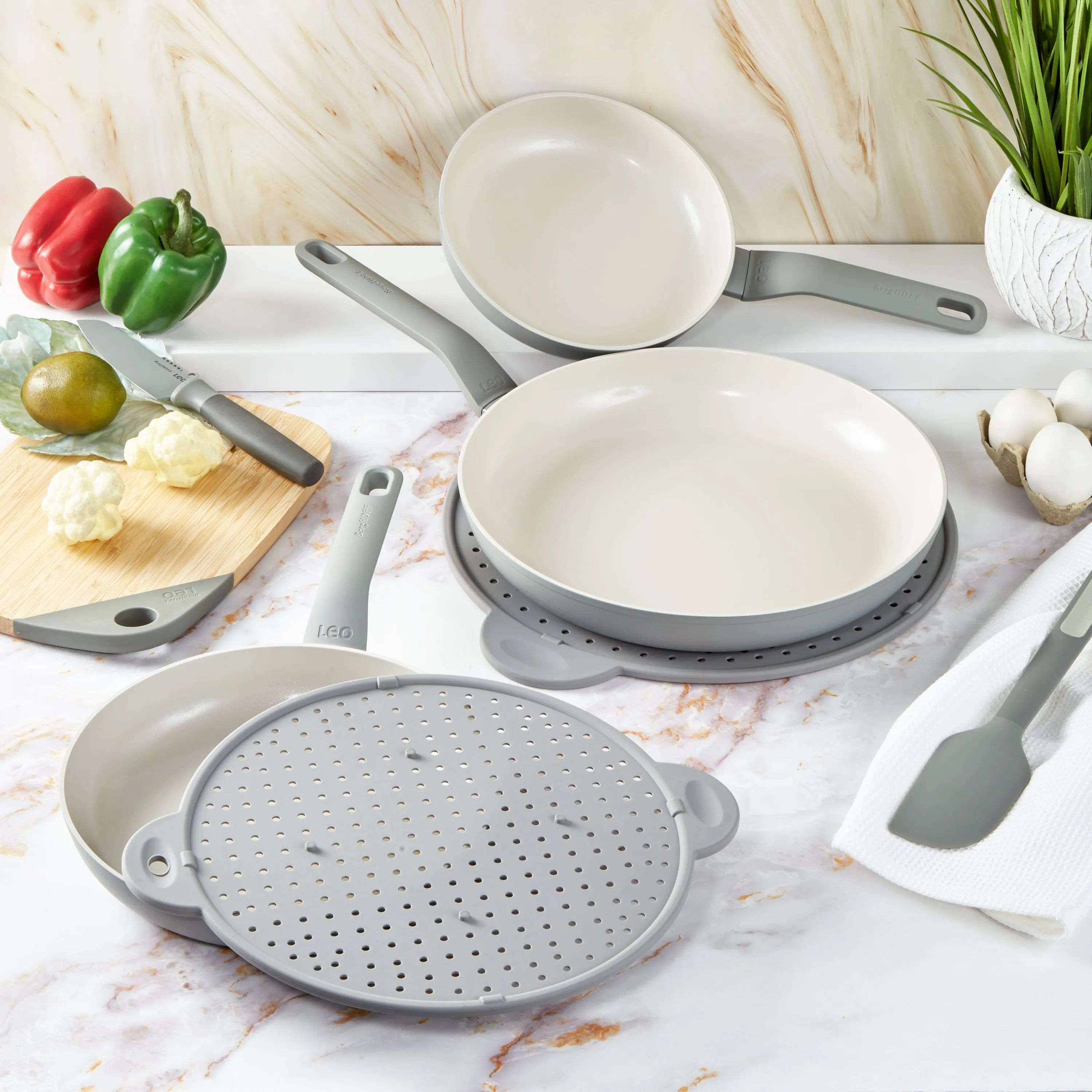 BergHOFF Balance 3Pc Nonstick Ceramic Frying Pan Set, Recycled Aluminum, Moonmist