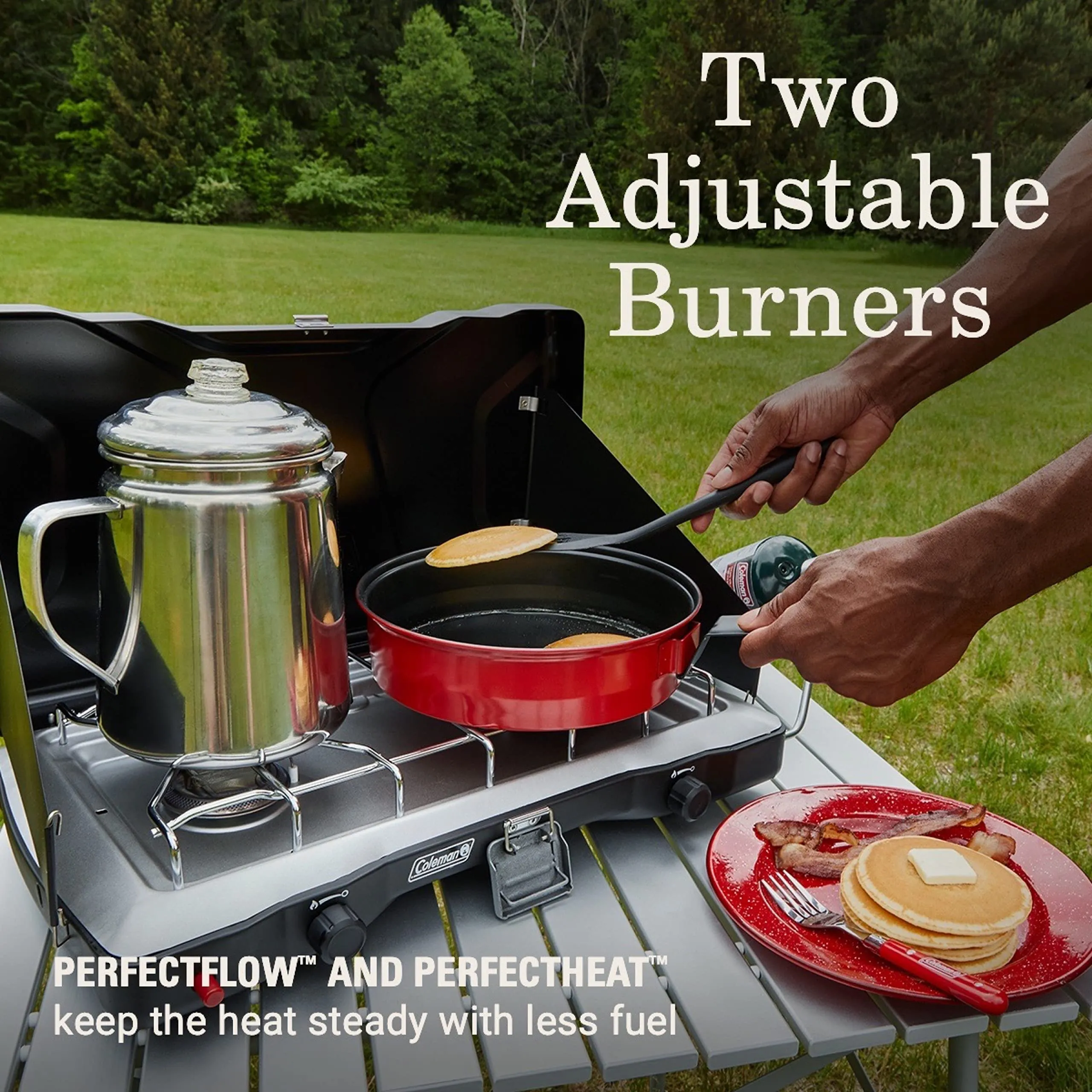 Coleman Triton  2-Burner Propane Camping Stove, Push-Button Instant Ignition, Portable Camp Grill, Adjustable Burners, Wind Guards, 22,000 Total BTUs of Power, Beach Cookouts, Backyard BBQ, Tailgating