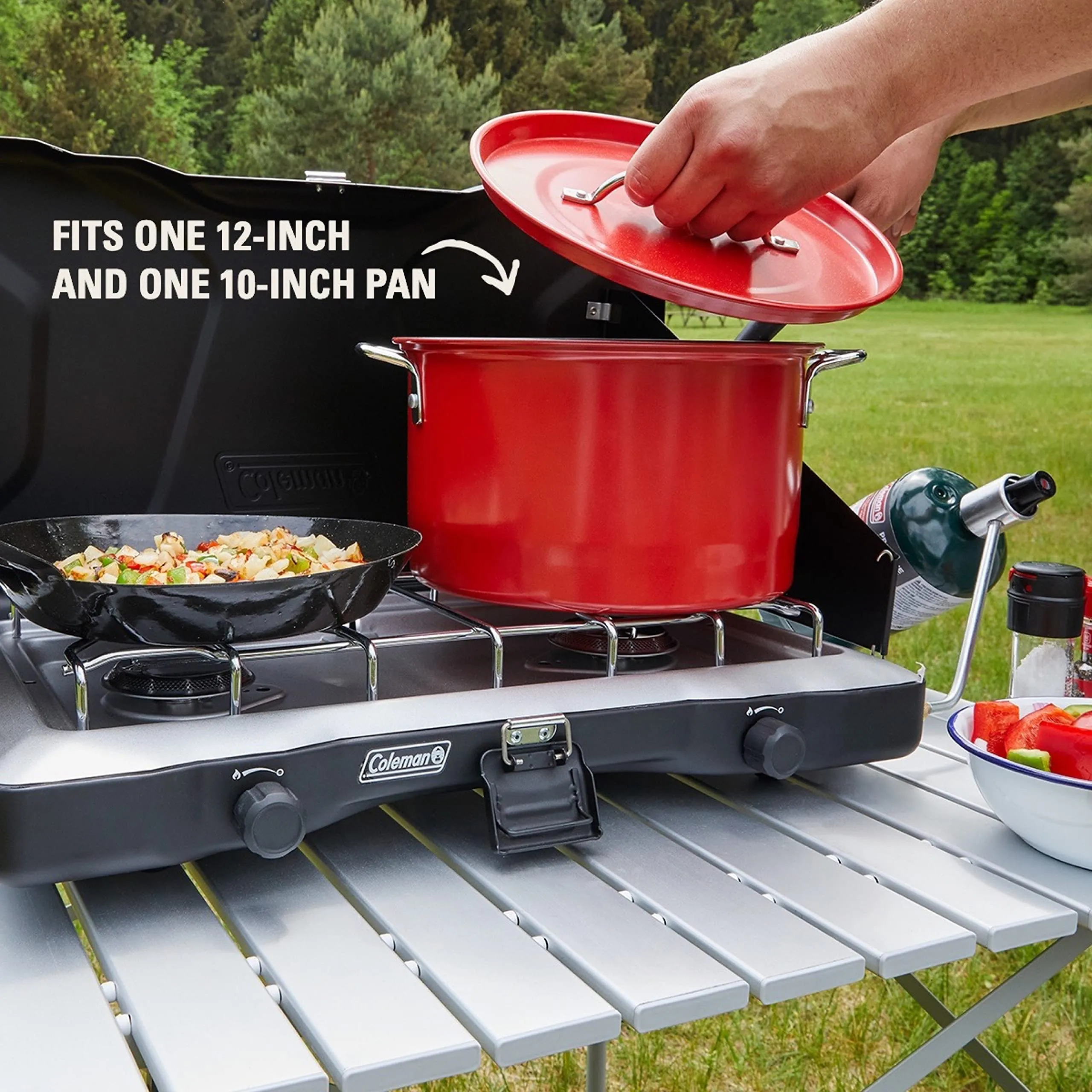 Coleman Triton  2-Burner Propane Camping Stove, Push-Button Instant Ignition, Portable Camp Grill, Adjustable Burners, Wind Guards, 22,000 Total BTUs of Power, Beach Cookouts, Backyard BBQ, Tailgating